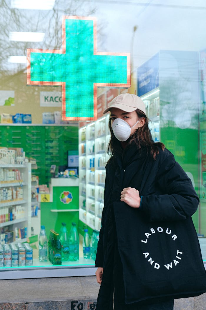 Woman in mask outside a pharmacy, with a bag and protective face mask, emphasizing health and safety.